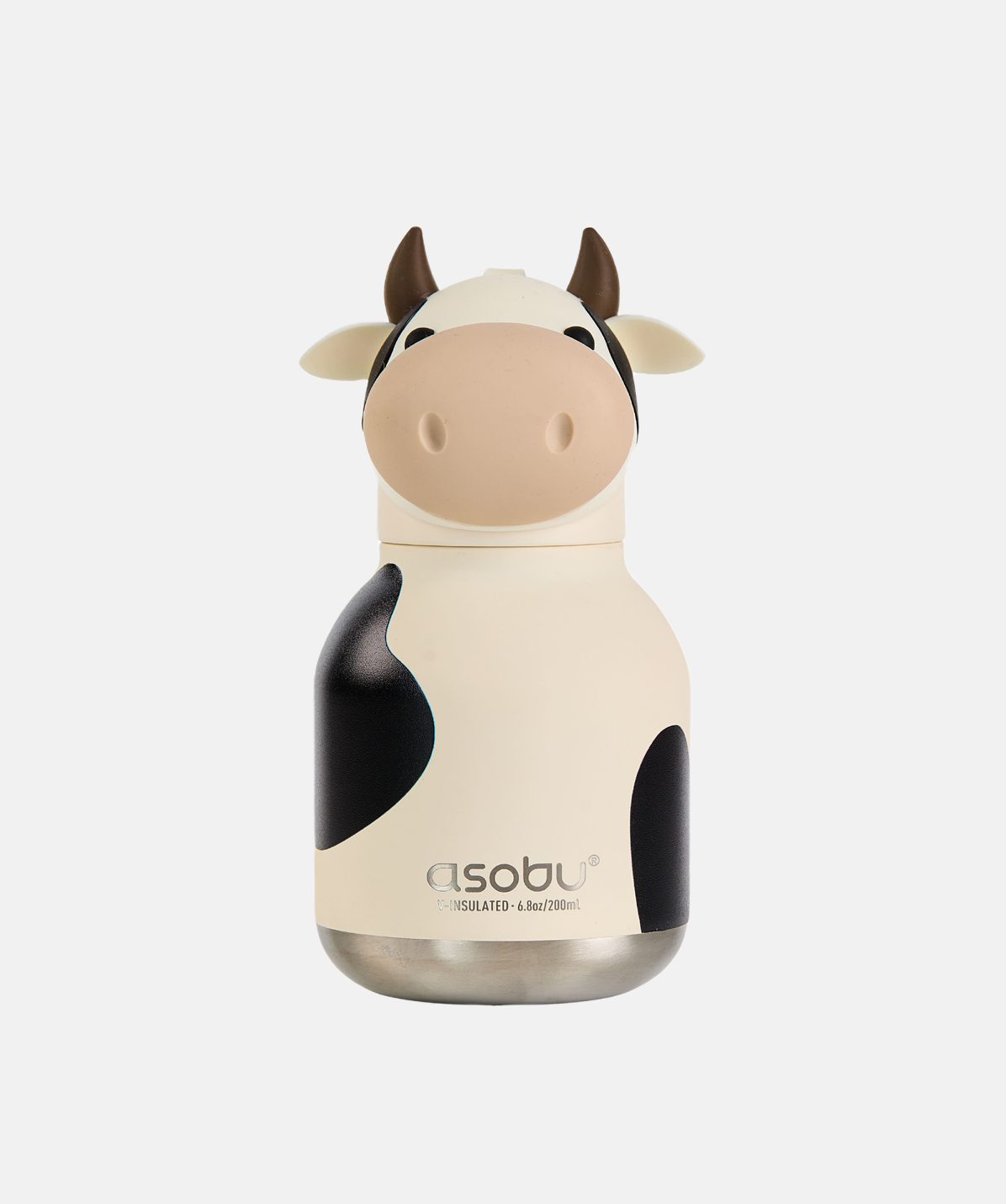 Botella mini Asobu Bestie Vaca de 200ml con llavero integrado y diseño frontal de animal.