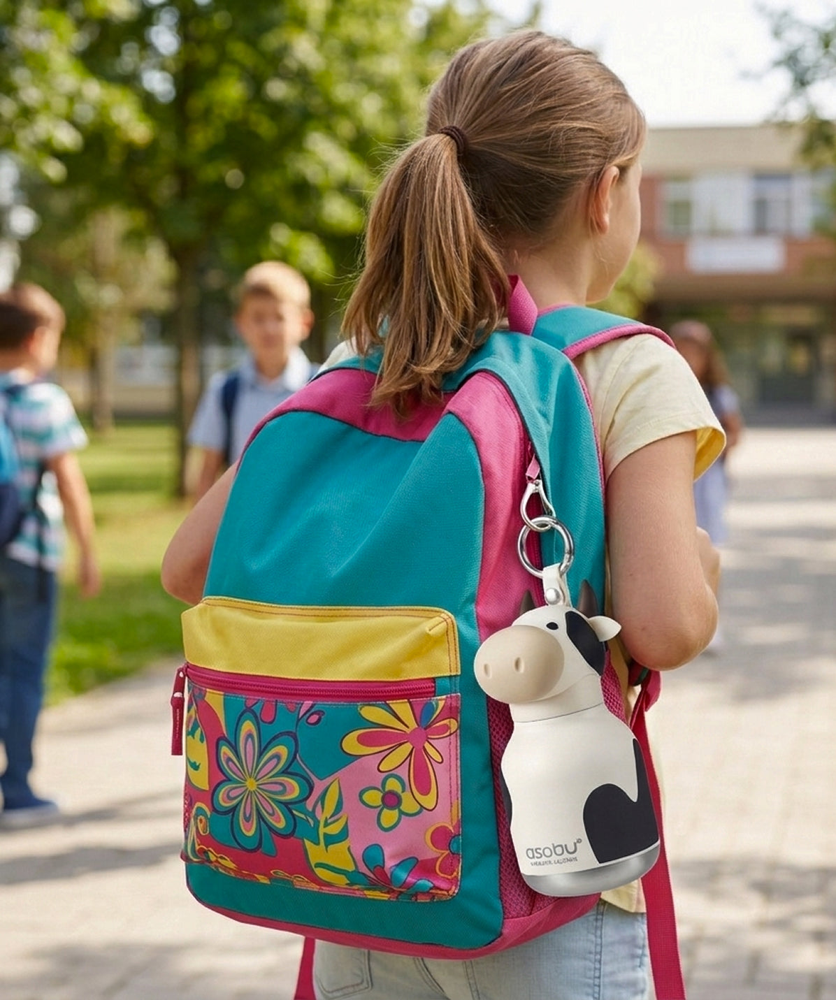 Botella mini Asobu Bestie Vaca colgada del llavero en una mochila escolar.