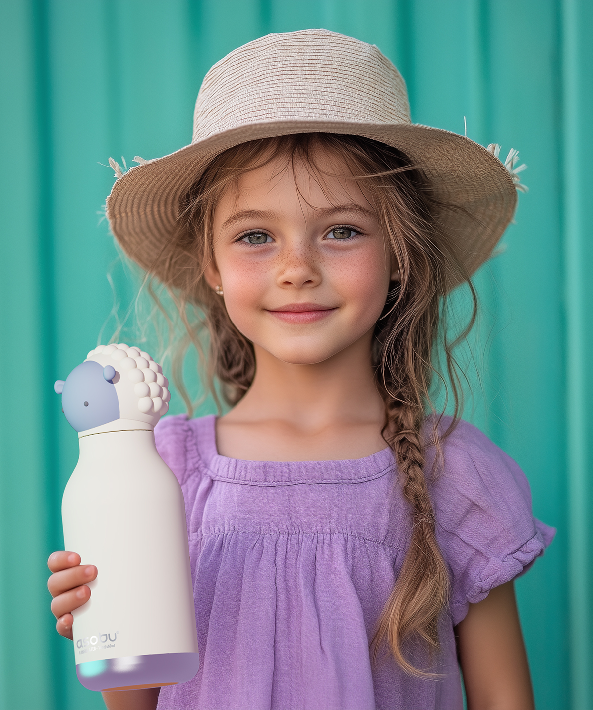 Niña feliz mostrando su botella Asobu Bestie Oveja de 460ml.