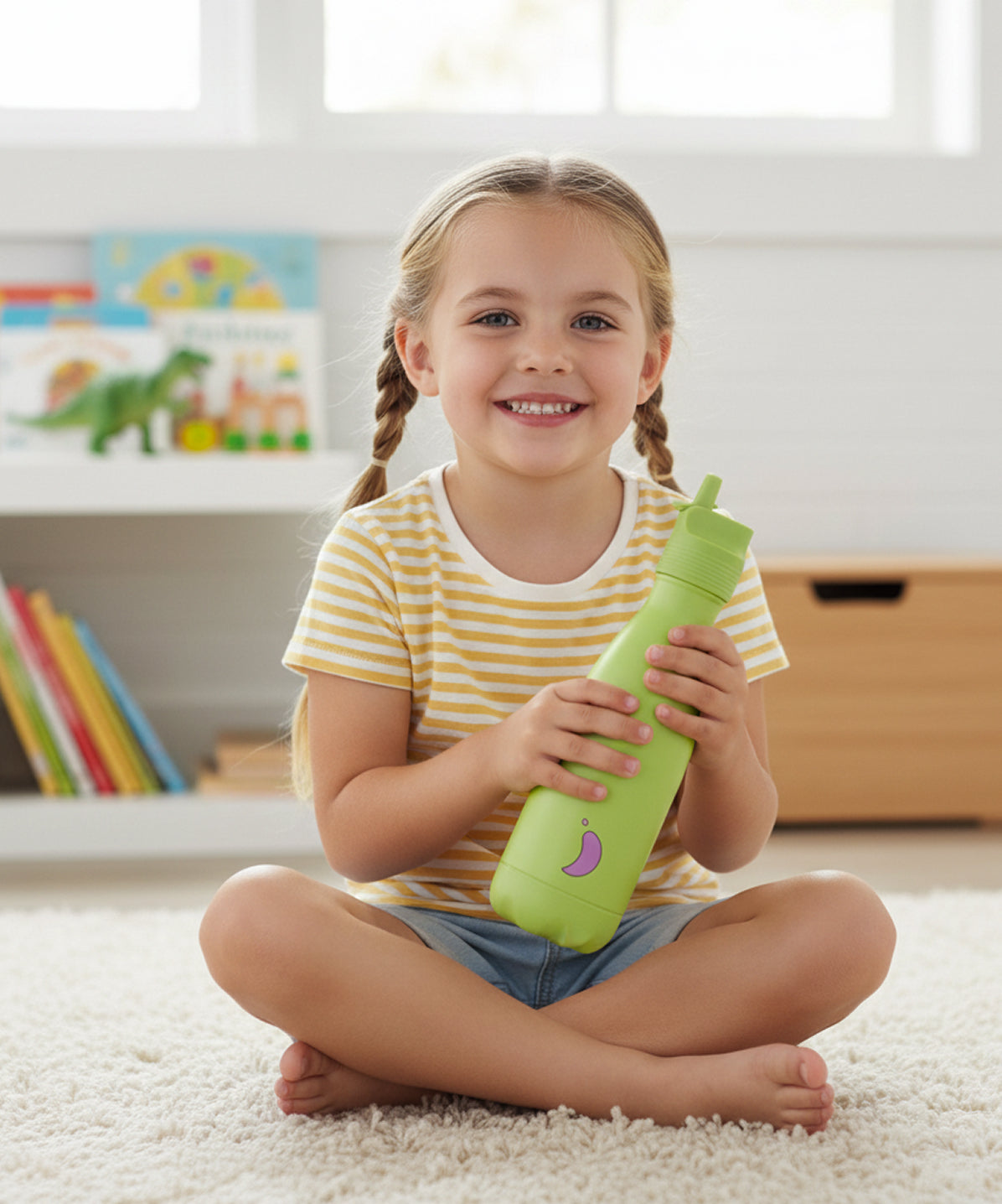 Botella Chilly's Kids Aqua 350ml. Termo de acero inoxidable para niños, cierre hermético y a prueba de fugas. Niña sonriendo en interior. La mejor botella reutilizable infantil.