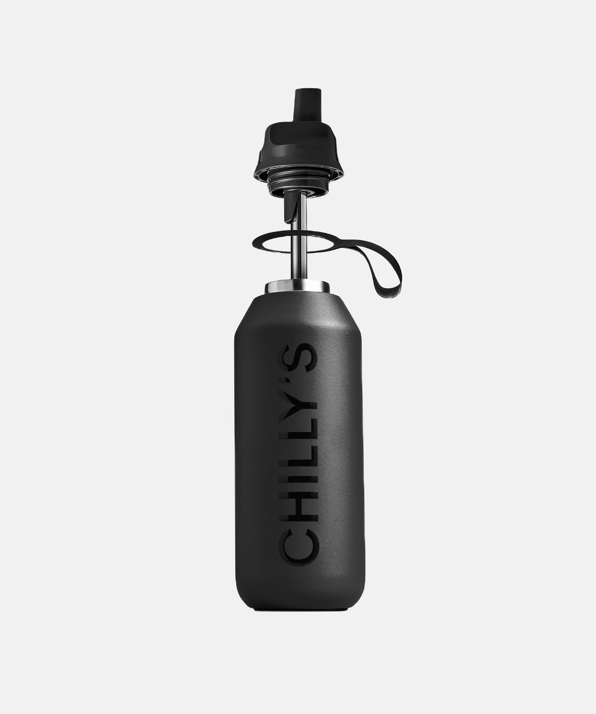 Vista interior de la botella Chilly's negra, mostrando el acabado de acero inoxidable de la boca ancha.