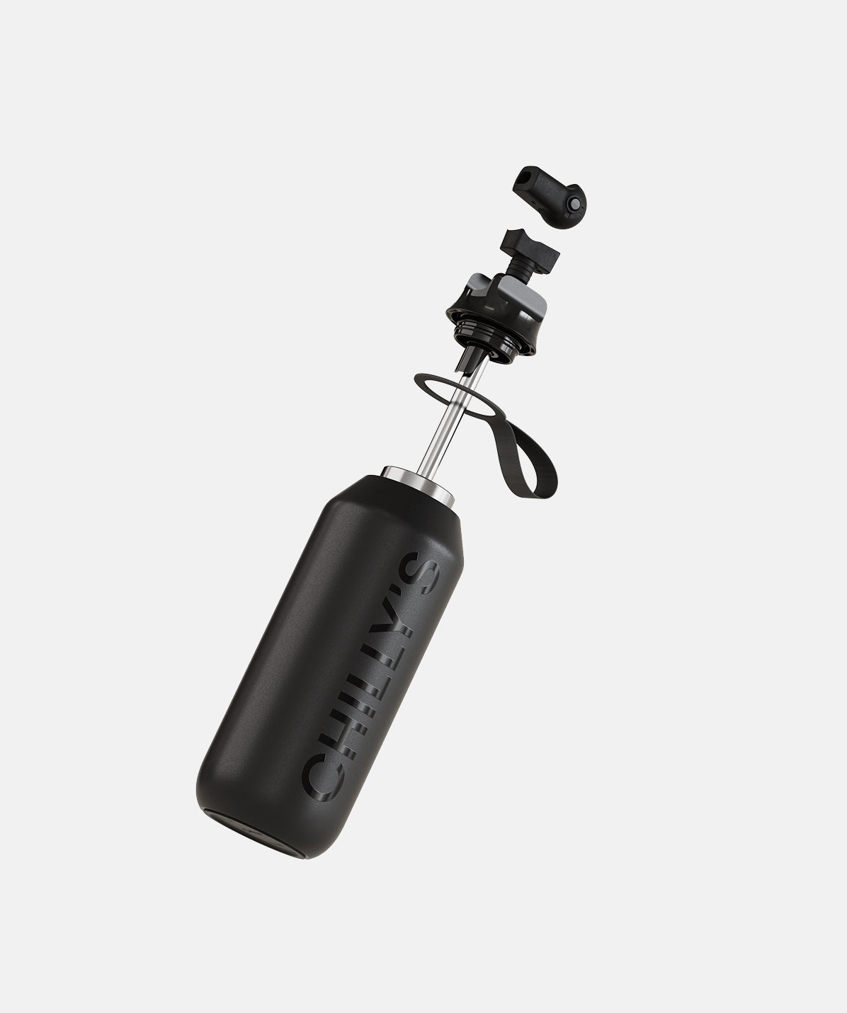 Botella Chilly's negra de 500ml abierta por la boca ancha, ideal para añadir hielo o facilitar la limpieza.