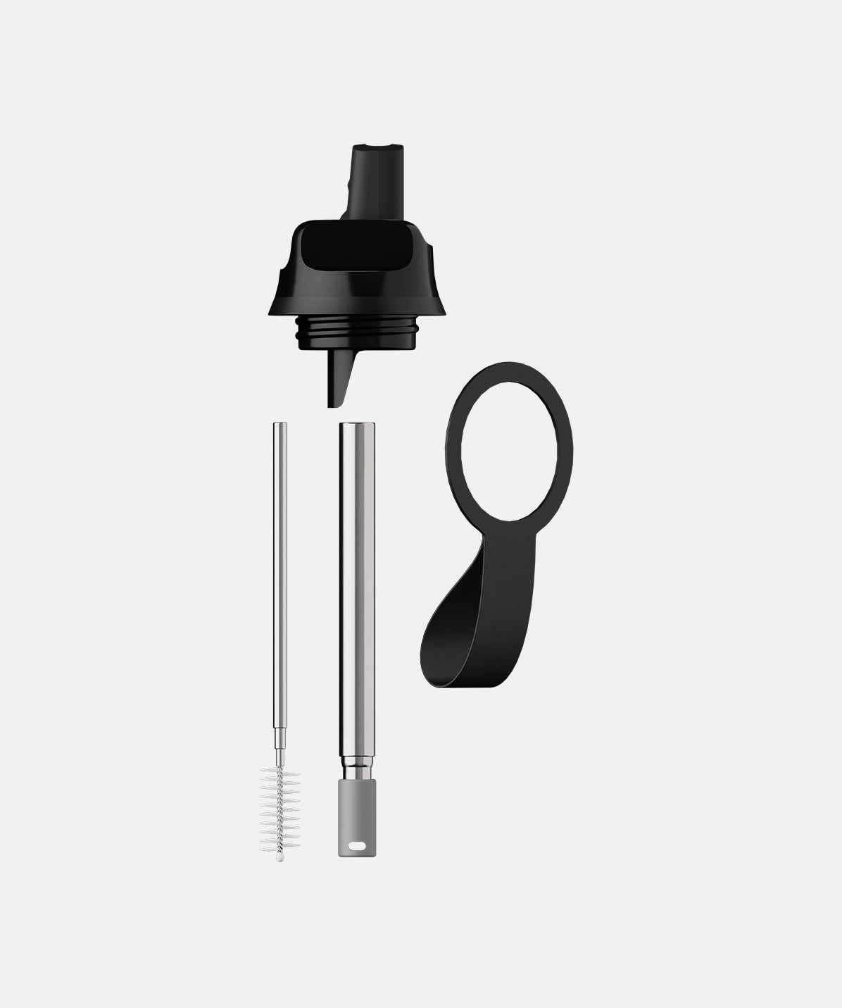 Detalle del tapón Flip con pajita y el sistema de cierre de la botella Chilly's negra.