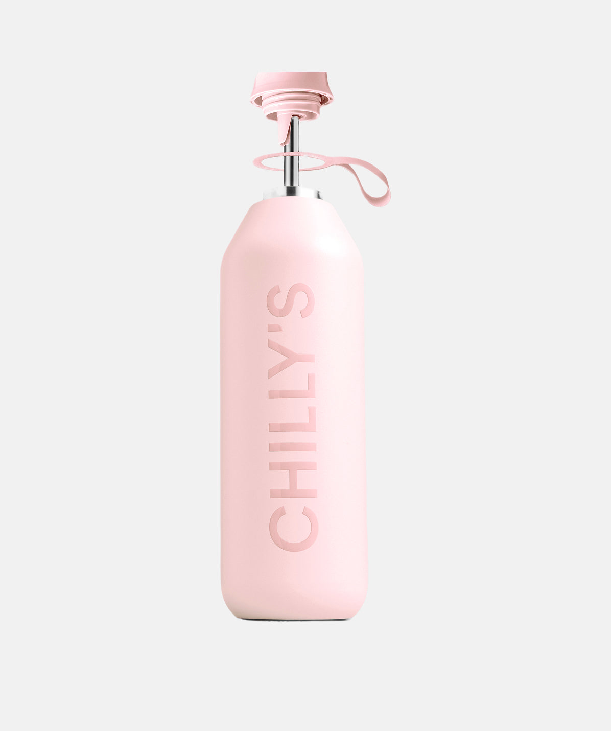 Botella Chilly's rosa de 1L abierta, mostrando el amplio cuello para facilitar el llenado y la limpieza.