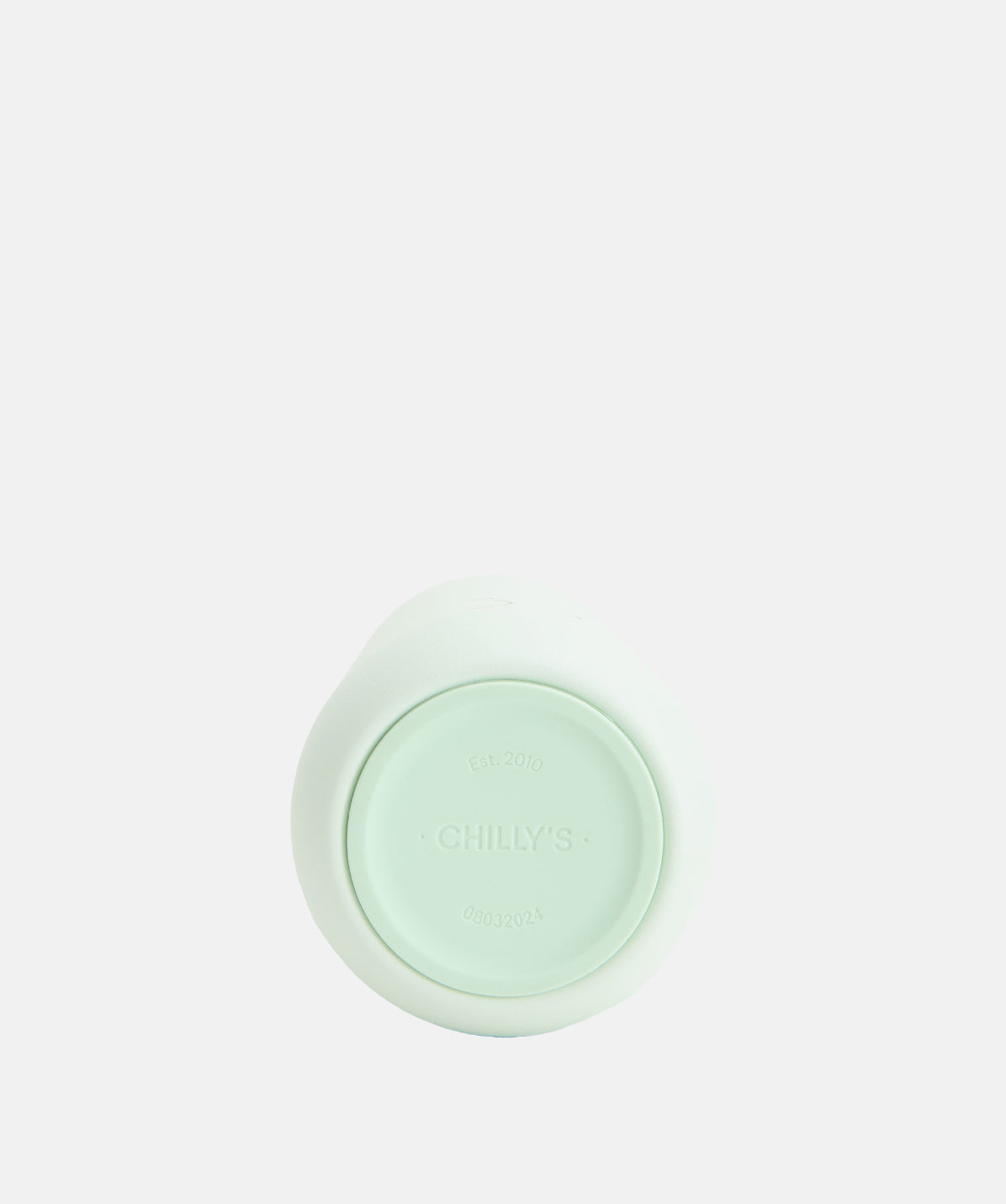 Base de la botella Chilly's menta de 1L, mostrando el anillo de silicona y la resistencia al deslizamiento.