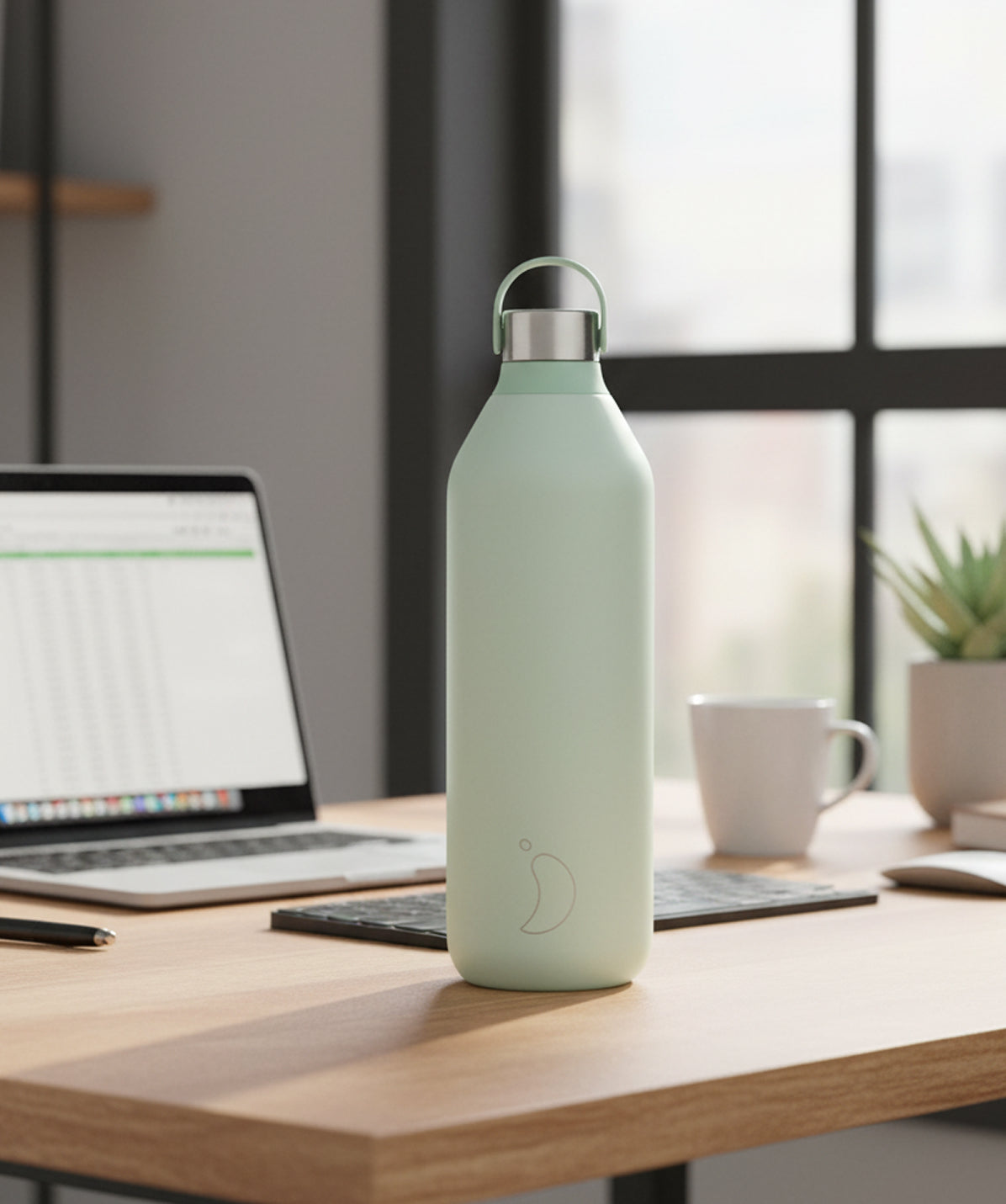 Botella termo Chilly's Serie 2 Menta 1000ml (1L). Hidratación de gran capacidad para el escritorio y el trabajo. Botella Chilly's de doble pared Frío 24h.