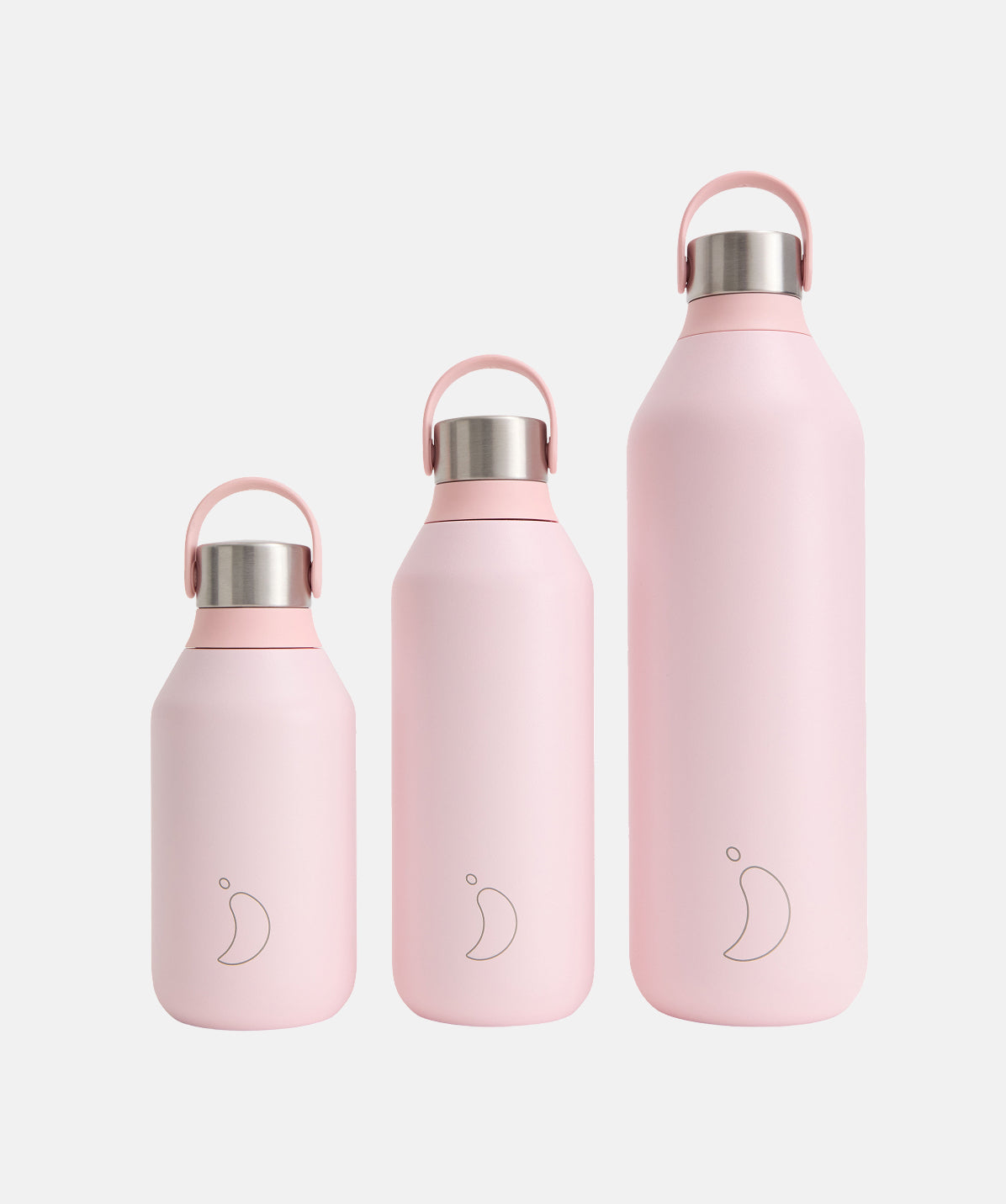 Comparación de tamaños: Botellas Chilly's Series 2 liso rosa Blush de 350ml, 500ml y 1 Litro. Aislante de acero inoxidable.