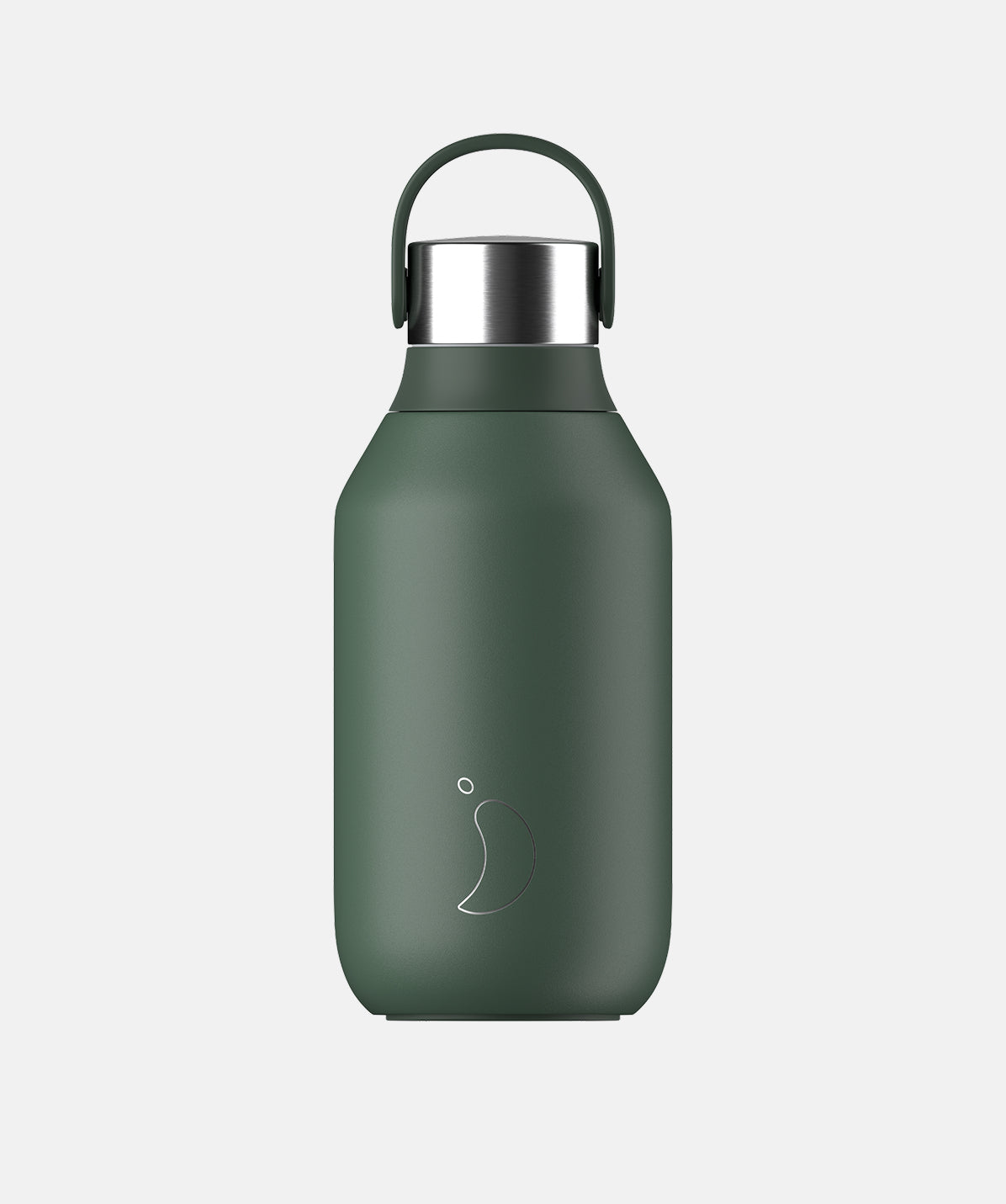 Botella térmica de Chilly's de 350ml, color verde oscuro. Hecha de acero inoxidable para mantener la temperatura de las bebidas.