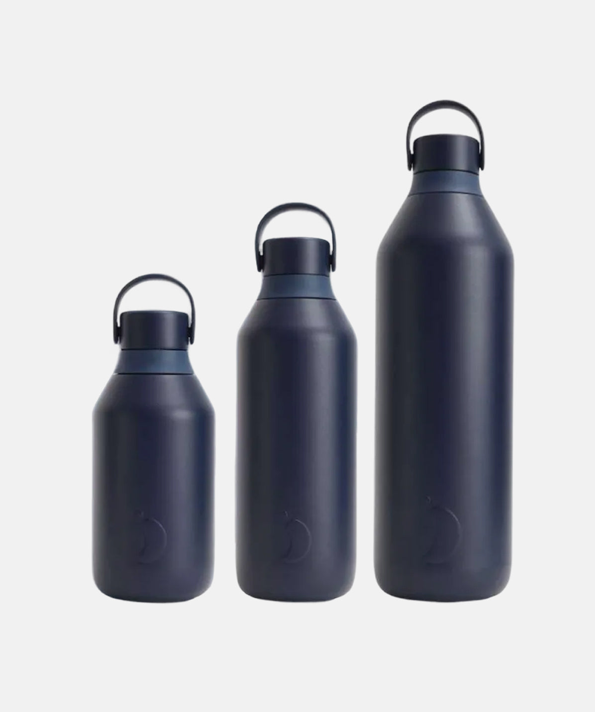 Comparativa visual de las botellas Chilly's Serie 3 Astral en tamaños 350ml, 500ml y 1000ml.