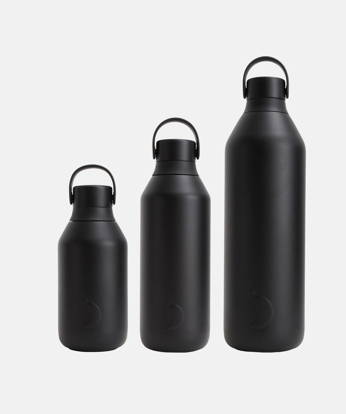 Gama completa de la botella Chilly's Serie 3 Onyx en sus tres formatos: 350ml, 500ml y 1000ml.