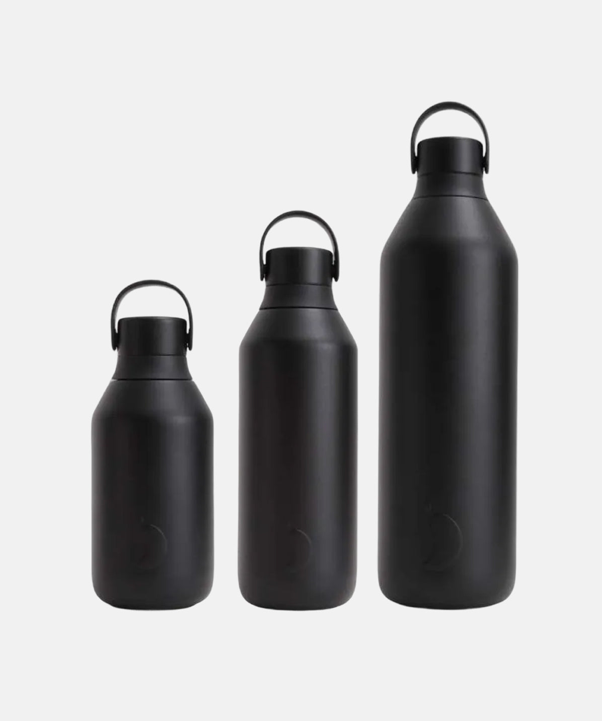 Gama completa de la botella Chilly's Serie 3 Onyx en sus tres formatos: 350ml, 500ml y 1000ml.