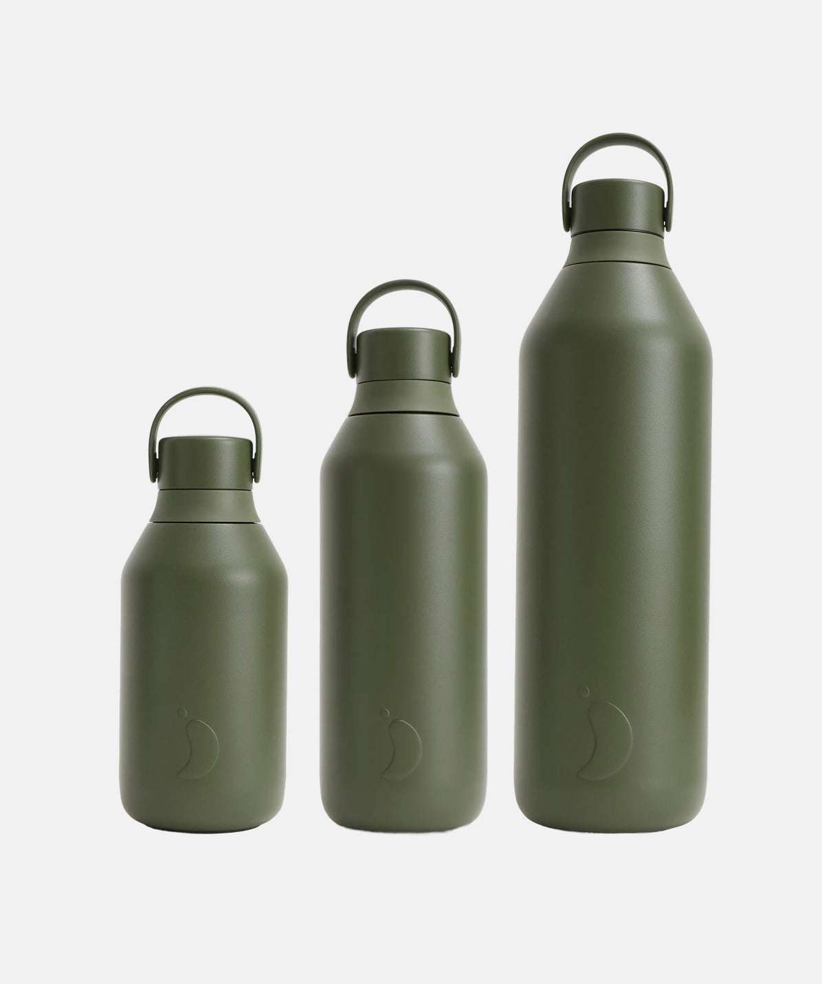 Las tres capacidades de la Chilly's Serie 3 Cargo (350ml, 500ml y 1000ml) juntas para comparar.