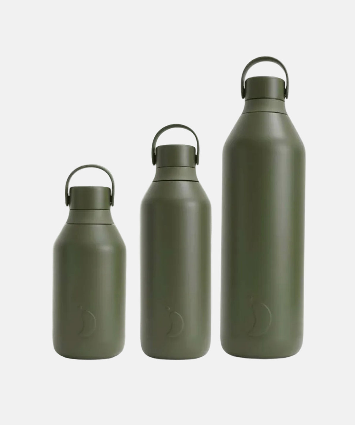 Las tres capacidades de la Chilly's Serie 3 Cargo (350ml, 500ml y 1000ml) juntas para comparar.