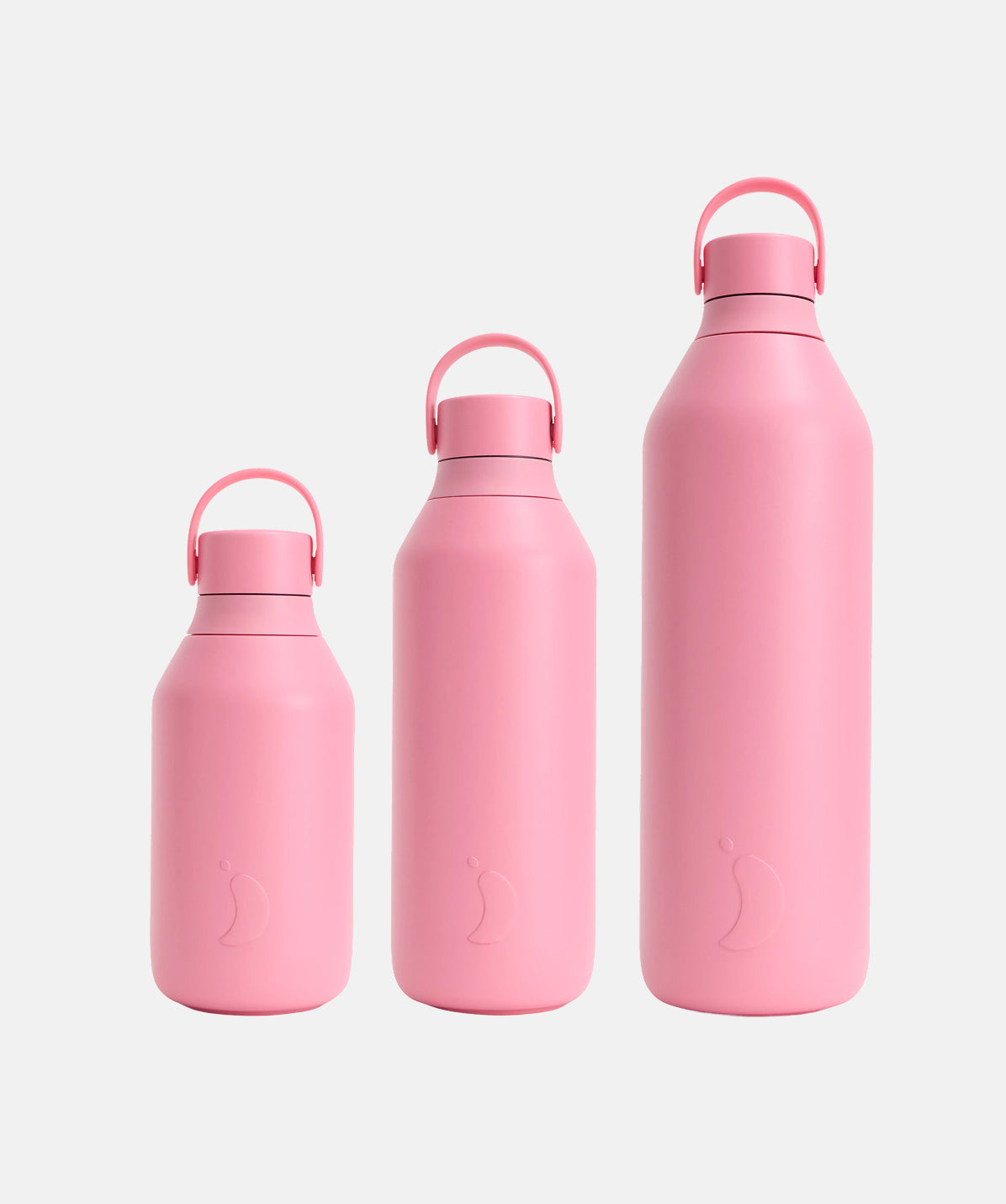 Comparativa de tamaños de la botella Chilly's Serie 3 en acabado Rosa Lotus.