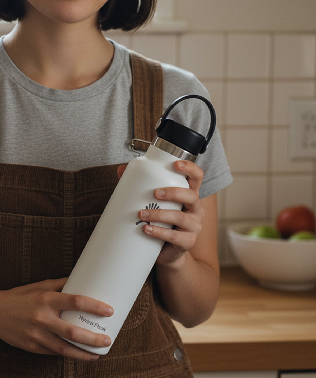 Botella Hydro Flask 21 oz Standard Flex Cap Blanco 621ml en mano. Botella termo de acero inoxidable, mantiene bebidas frías 24 horas.
