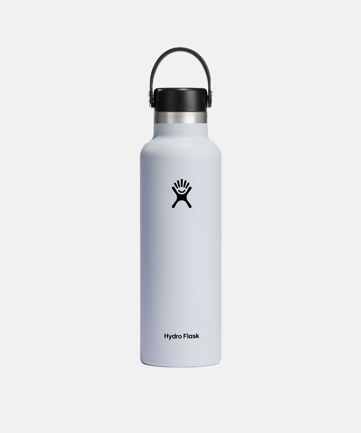 Botella Hydro Flask 621ml blanca, personalizable con nombre, tapa Flex Cap estándar.