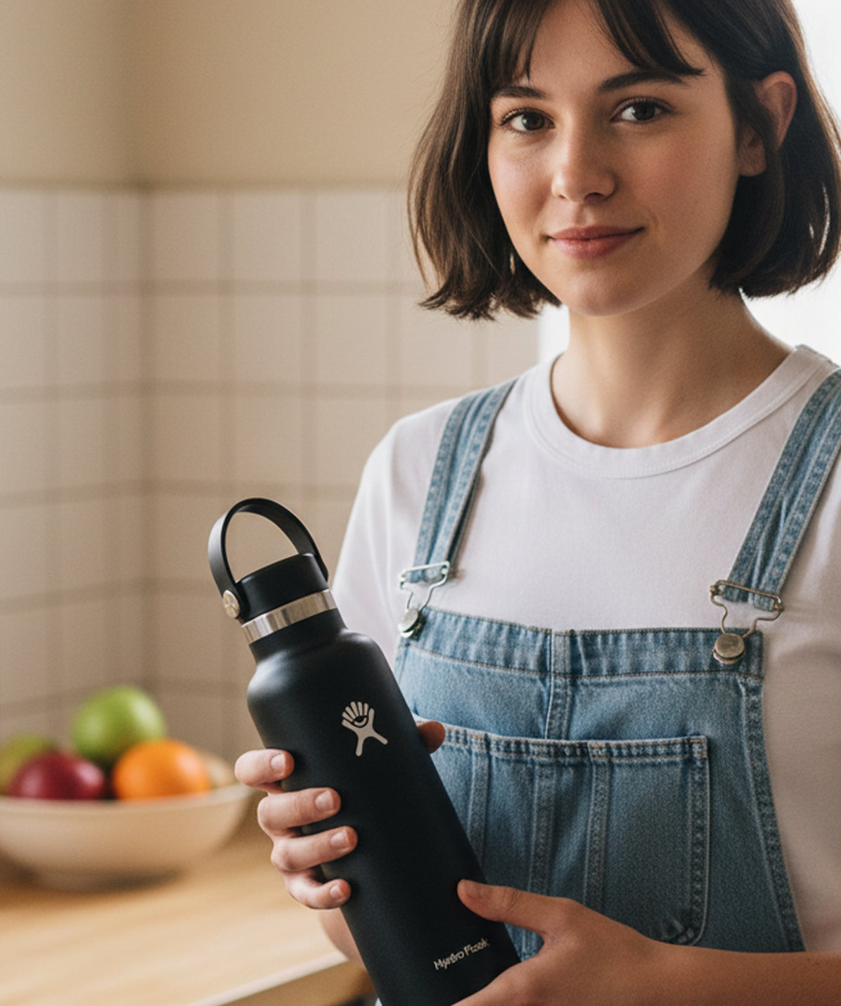 Botella Hydro Flask 21 oz Standard Negro en un ambiente doméstico. Botella reutilizable de acero inoxidable 621ml para hidratación diaria.