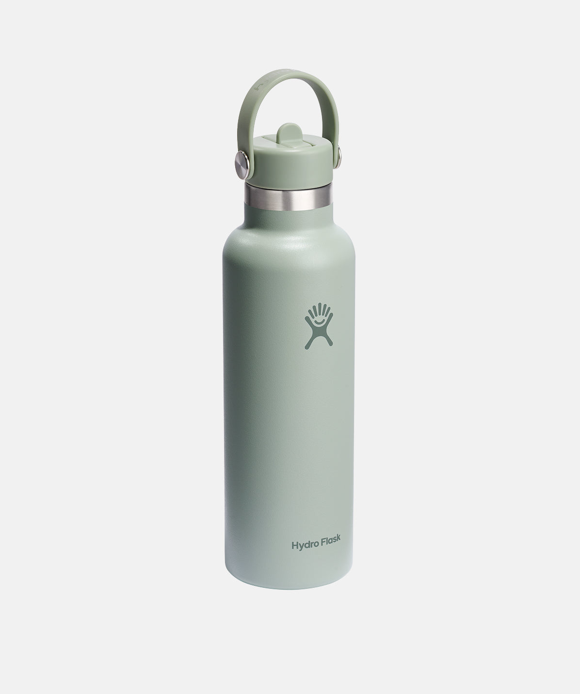 Botella Hydro Flask 21oz Agave, vista de agarre en la mano, tapa pajita.