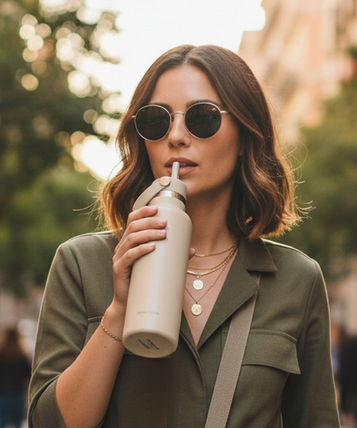 Chica bebiendo de una Botella Hydro Flask Standard Flex Straw Cap Oat 21oz en la calle. Hidratación urbana y cómoda.