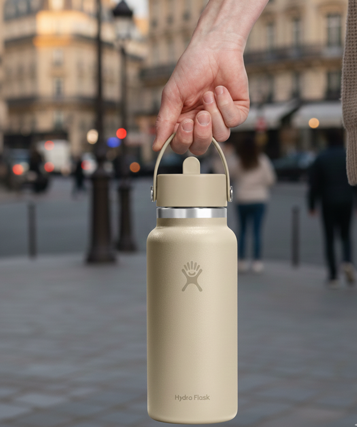 Botella Hydro Flask Wide Flex Straw Cap Oat 32oz (casi 1 Litro) en mano en un entorno de ciudad. Hidratación de gran capacidad.