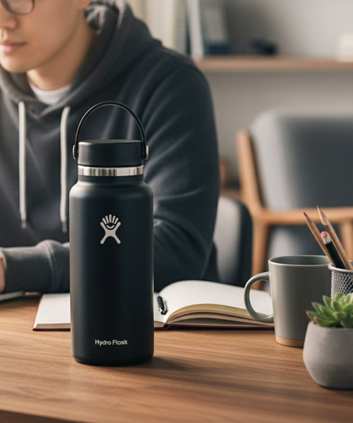 Botella Hydro Flask 32 oz Wide Flex Cap Negro 946ml. Gran capacidad de hidratación en acero inoxidable para el escritorio o la oficina.