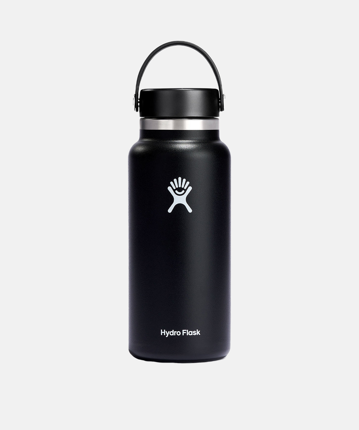 Botella Hydro Flask Wide Mouth 32oz negra, acero inoxidable con aislamiento TempShield de doble pared, para hidratación duradera.