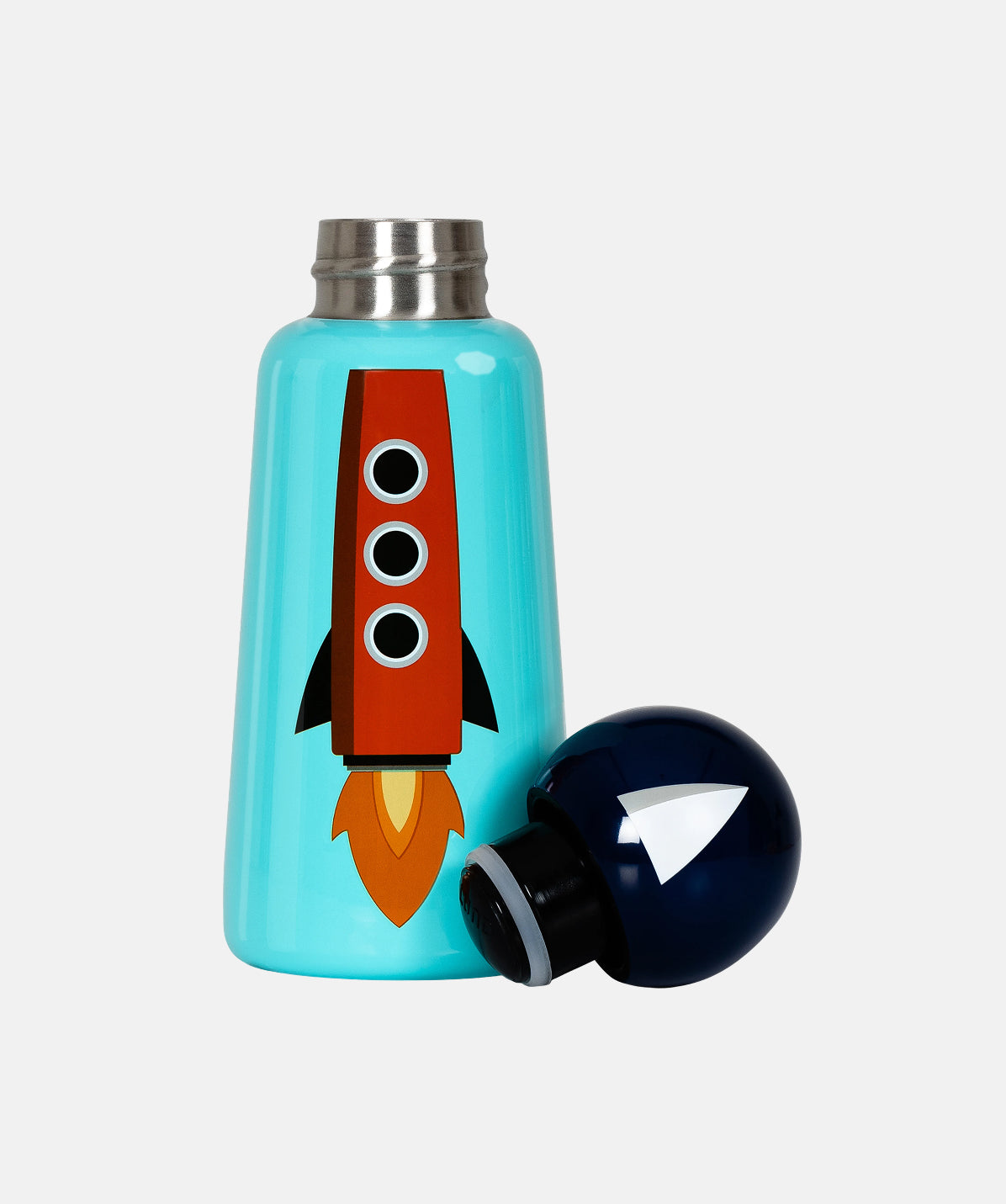 Botella Lund Rocket 300ml, diseño cohete azul y rojo. Tapa de rosca y boca ancha de acero inoxidable abierta.