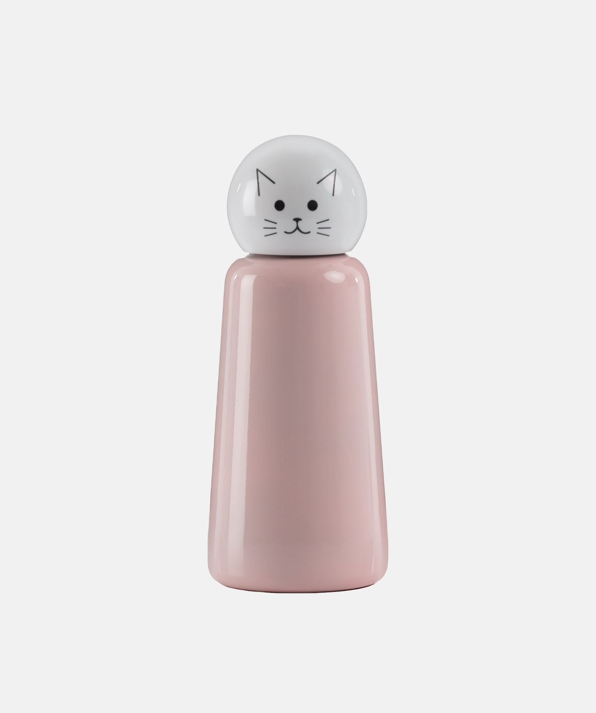 Botella térmica Lund Skittle 300ml, color rosa y blanco con divertido dibujo de la cara de un gato en el tapón, acero inoxidable.