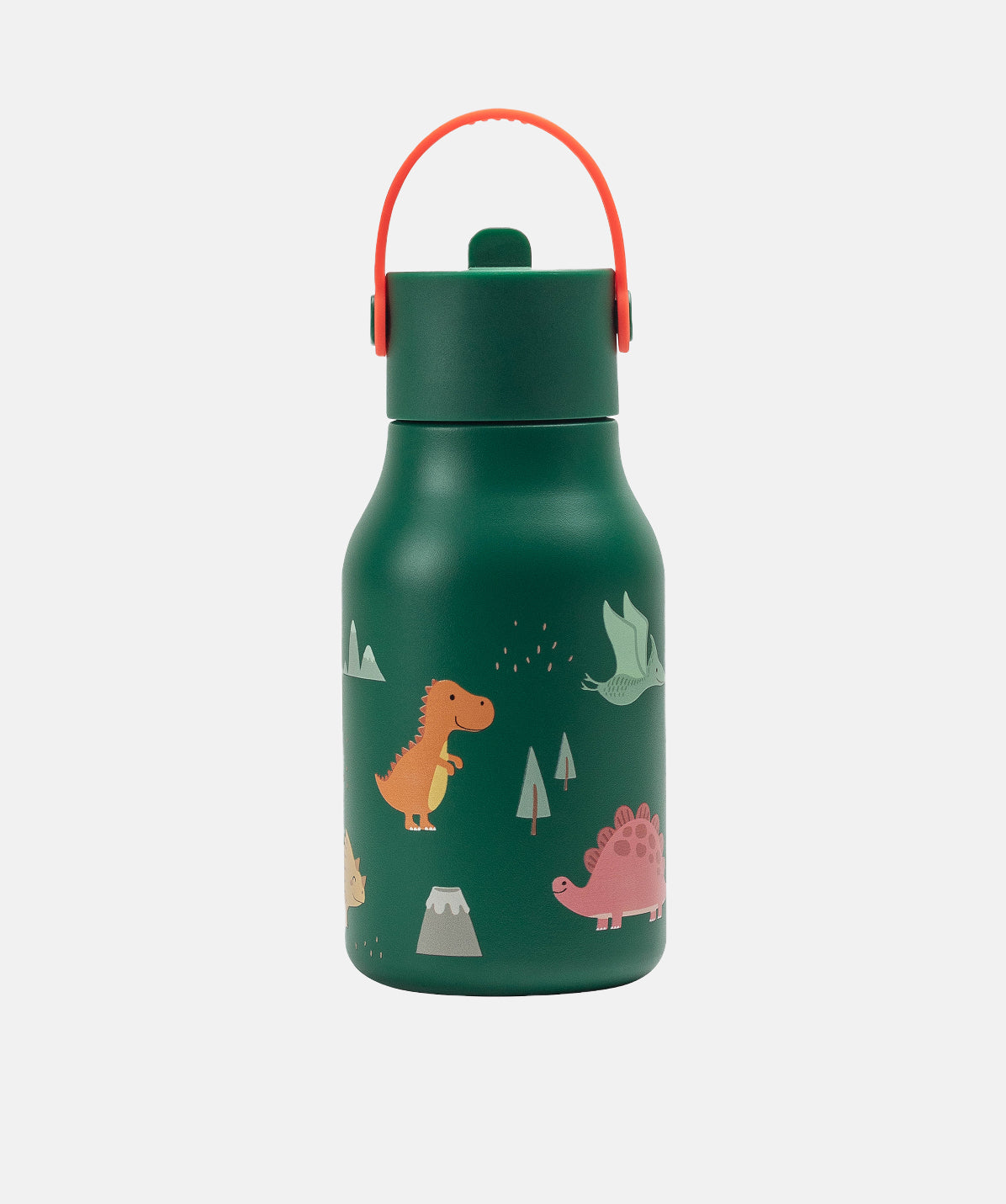 Botella Lund Little Dino 400ml para niños. Acero inoxidable, diseño de dinosaurios verde. Con pajita para beber fácilmente.