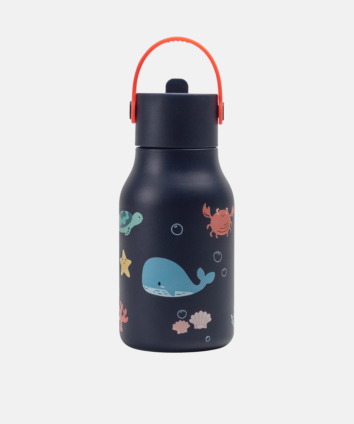 Botella Lund Little Ocean 400ml para niños. Acero inoxidable, diseño de animales del océano. Con pajita.