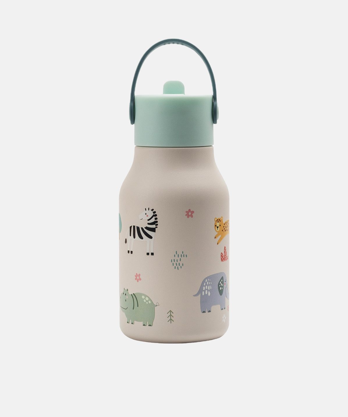 Botella Lund Little Safari 400ml para niños. Acero inoxidable, diseño de animales con fondo de botella beige. Con pajita.