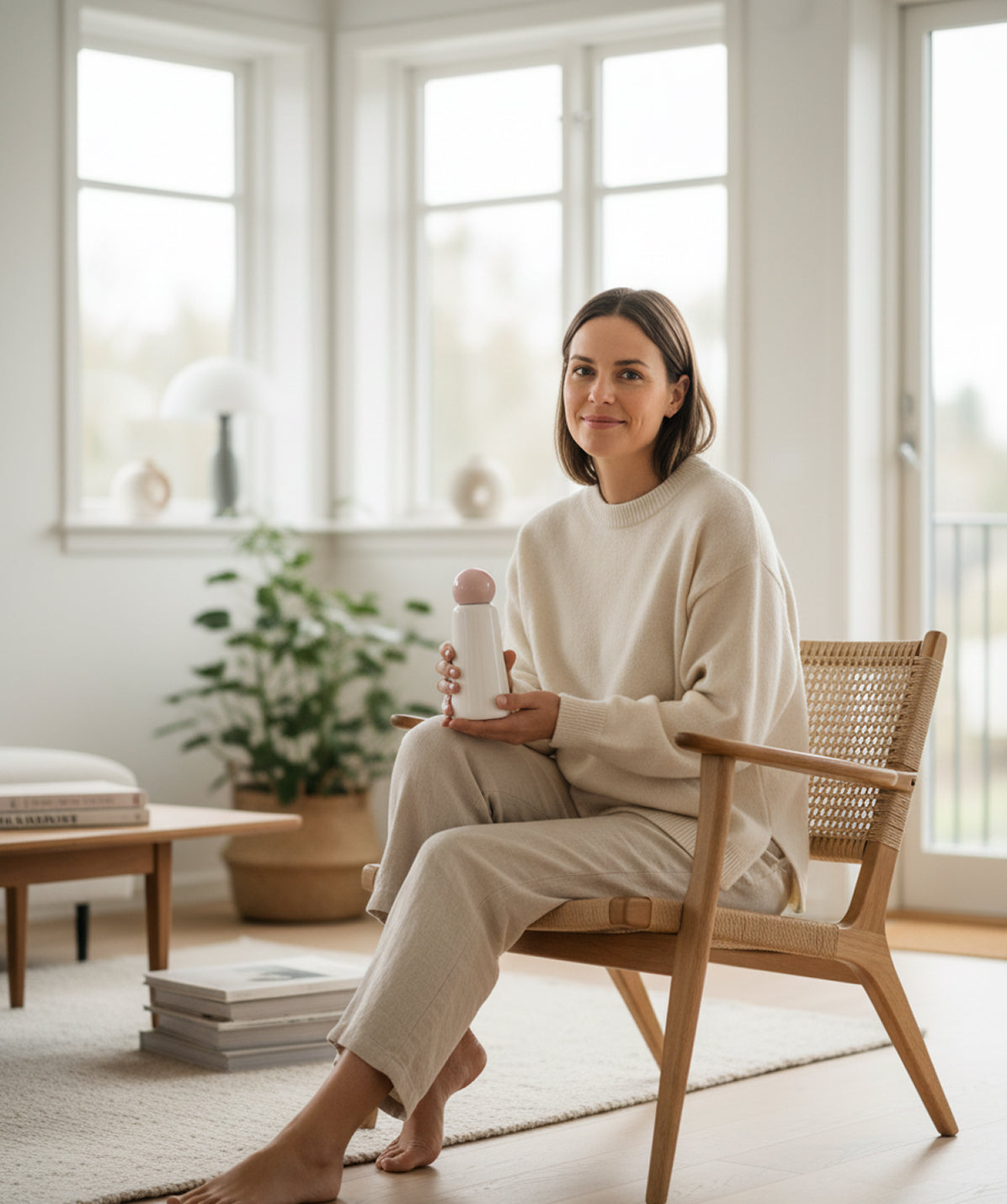 Botella Lund Skittle 500ml blanca y rosa en un contexto de día a día, hidratación con estilo