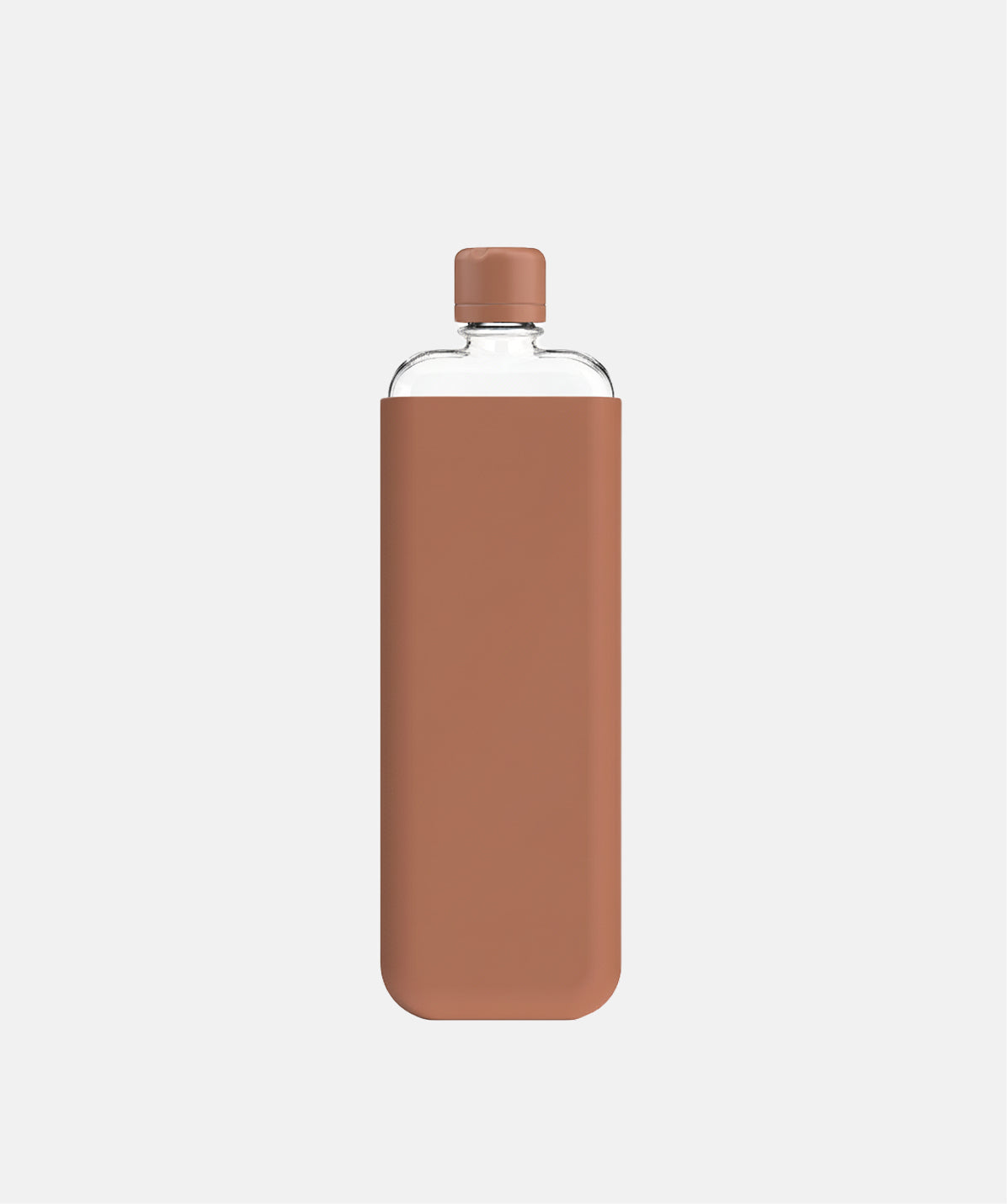 Vista trasera de la botella Memobottle Slim plana de 450ml con funda de silicona terracota, mostrando su diseño discreto y compacto.