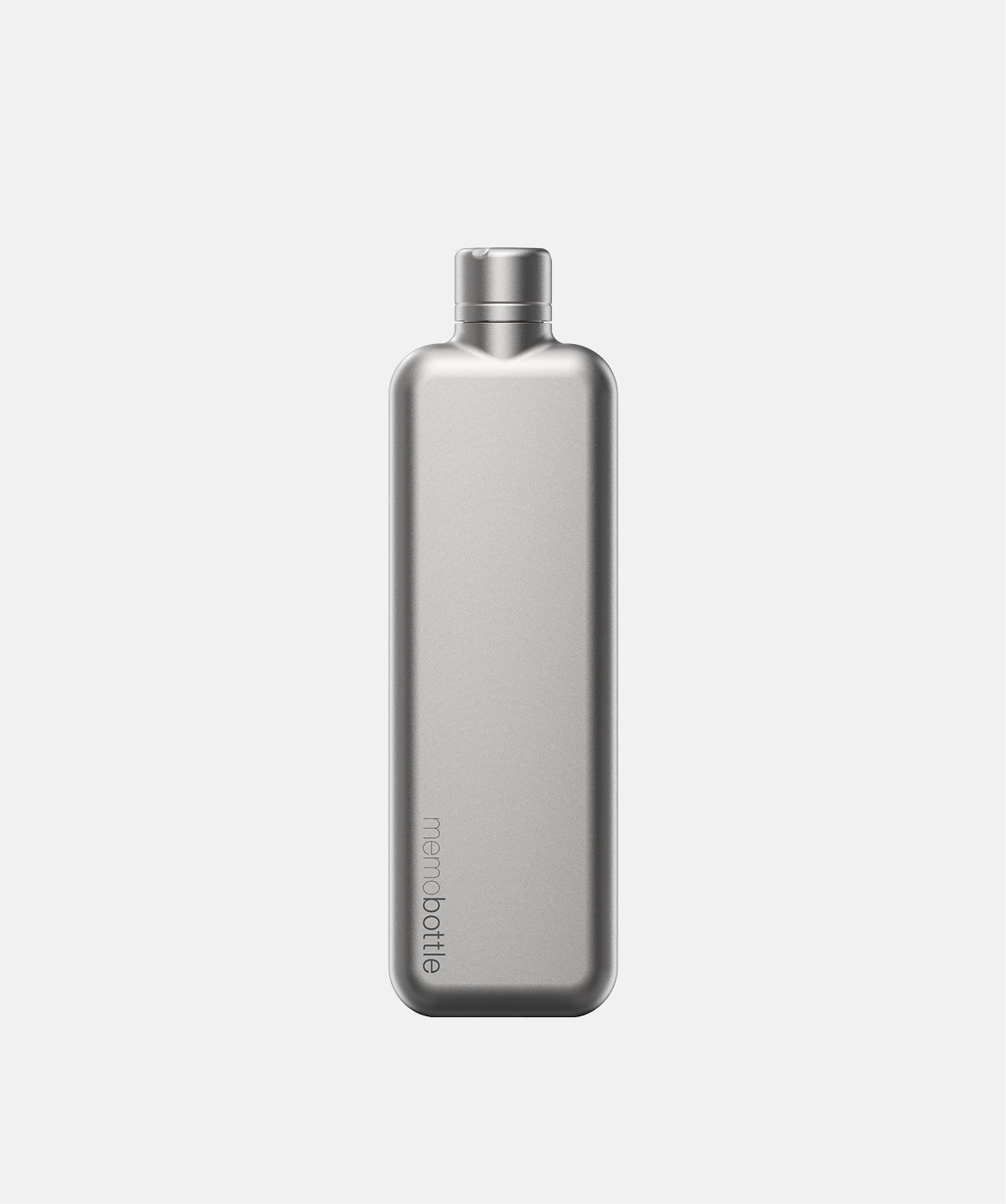 Botella Memobottle Slim plana gris de acero inoxidable de 600ml, compacta y duradera.