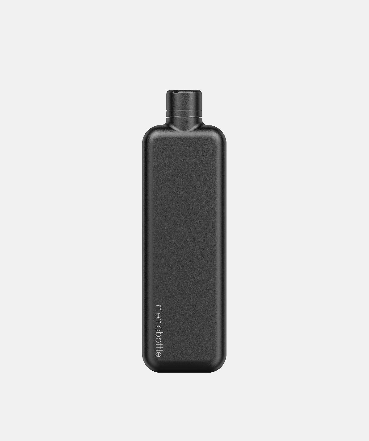 Botella Memobottle Slim plana negra de acero inoxidable de 600ml, disponible para personalización.