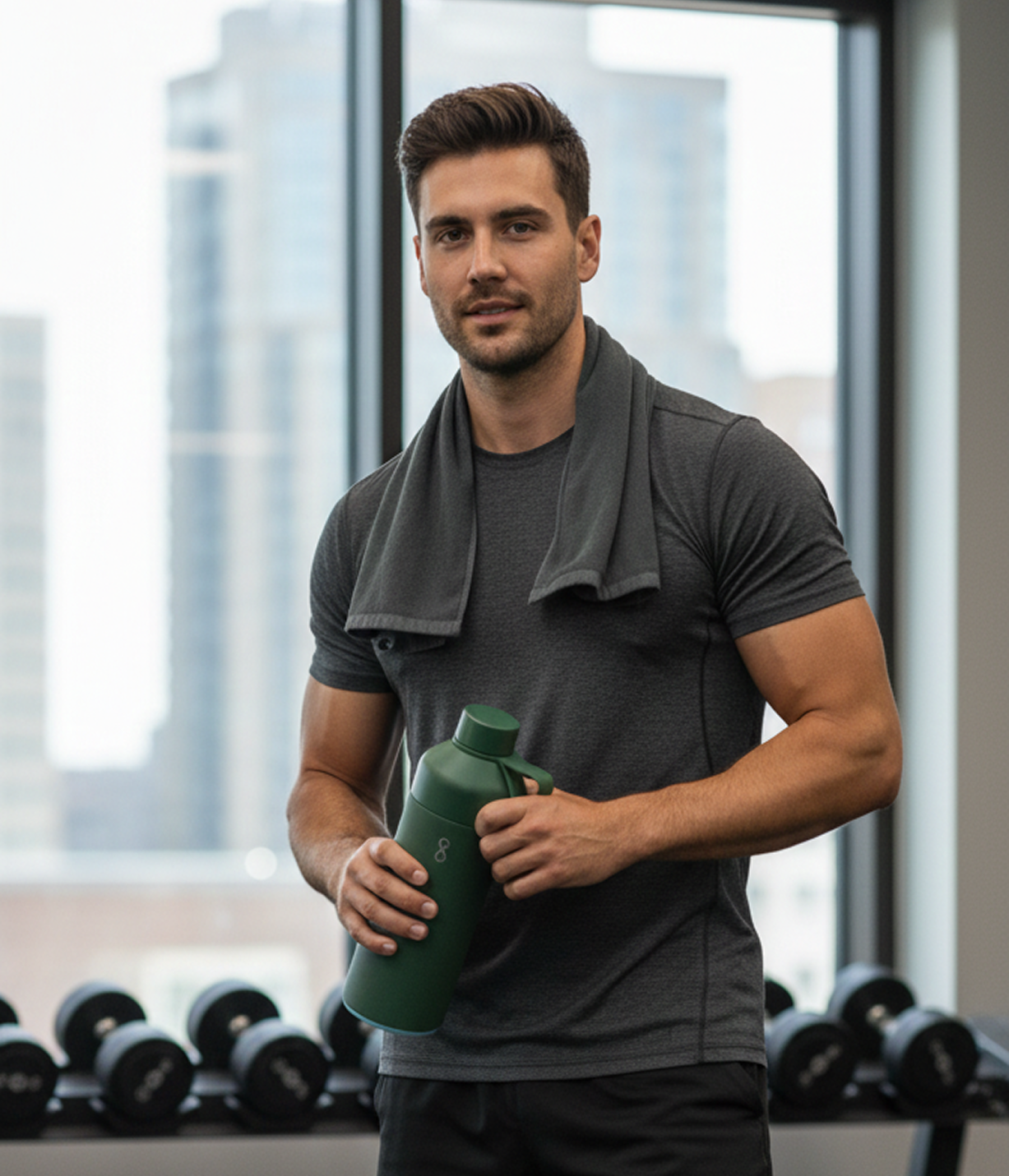 Chico en el gimnasio con la Botella Ocean Bottle Verde bosque 1000ml. Hidratación esencial de gran capacidad para pesas.