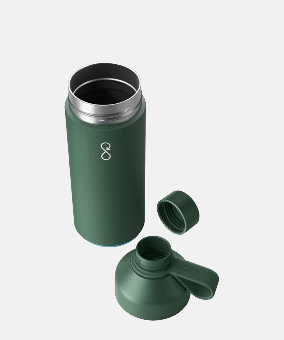 Botella Ocean Bottle Verde bosque 500ml. Muestra la tapa con asa y las dos aberturas, ideal para rellenar o limpiar.