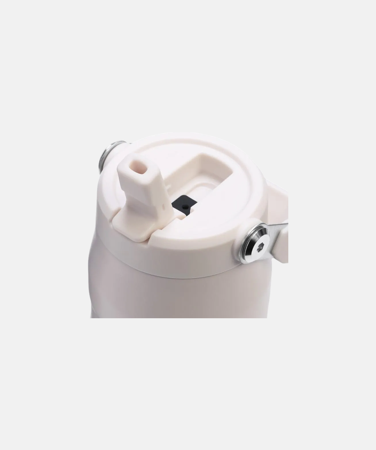 Detalle de la Botella Stanley IceFlow™ Flip Straw 2.0 rosa cuarzo 710ml. Tapa con pajita abierta y asa de transporte.