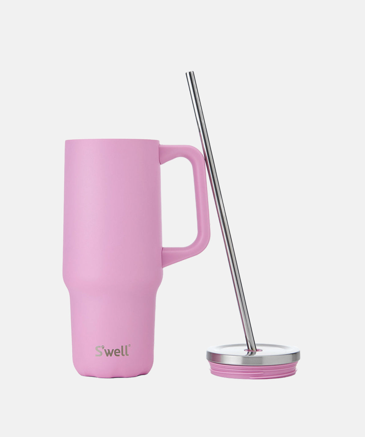 Vaso Tumbler XL S'well Hydrangea Pink de 1100ml rosa abierto con pajita integrada.