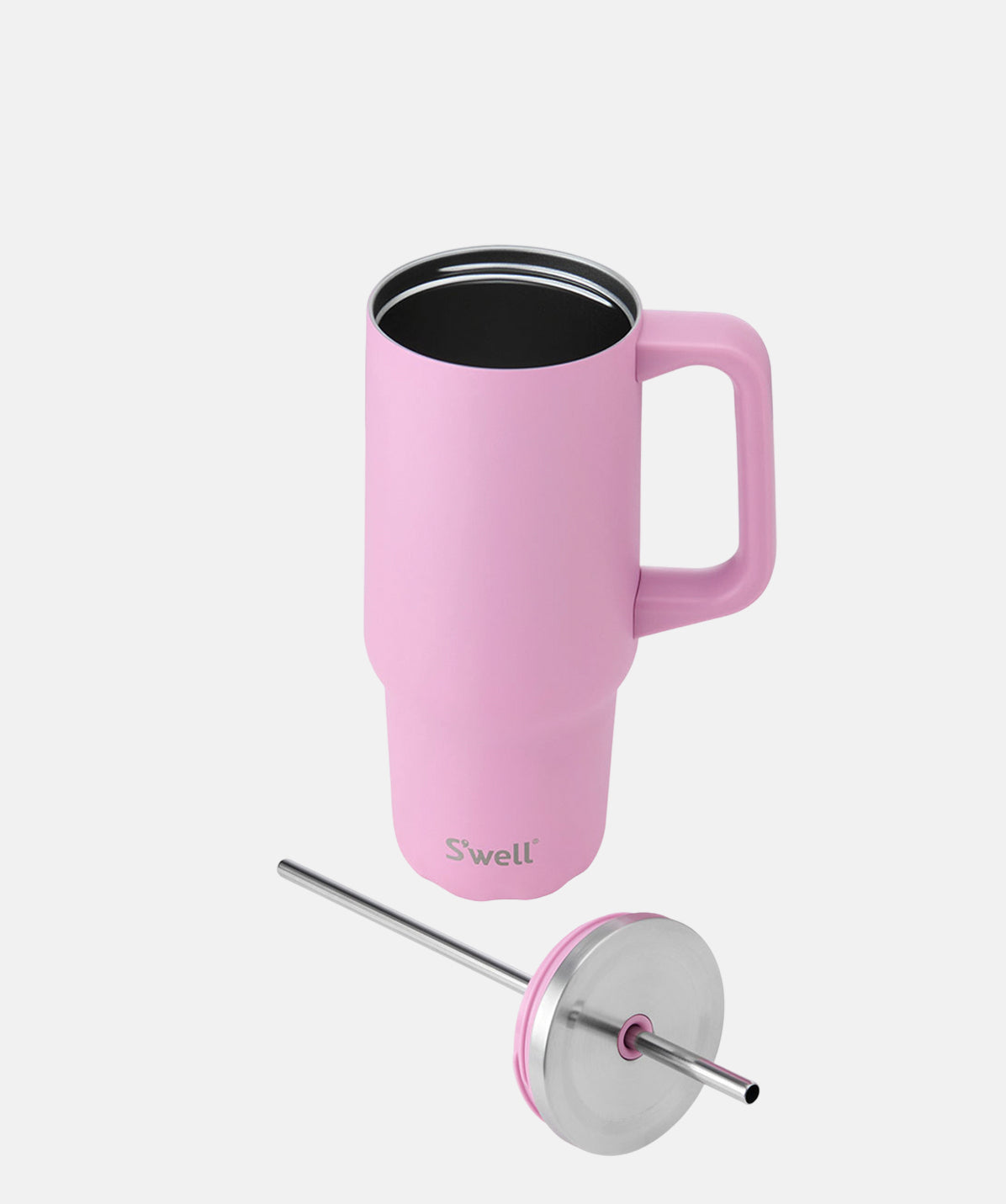 Primer plano del vaso S'well Tumbler XL Hydrangea Pink rosa con la tapa abierta.