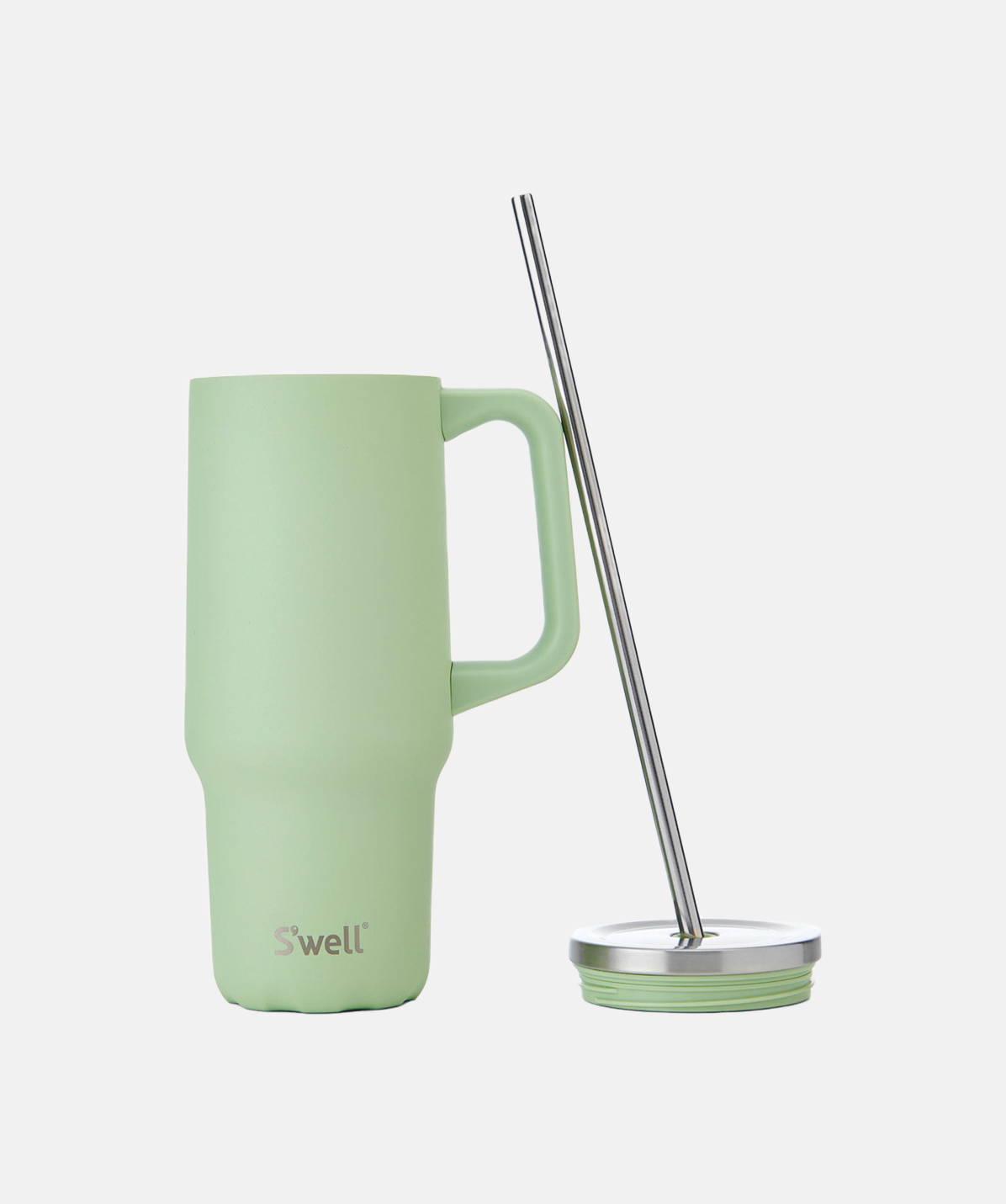 Vaso Tumbler XL S'well Pistachio de 1100ml verde pastel abierto con pajita de acero.