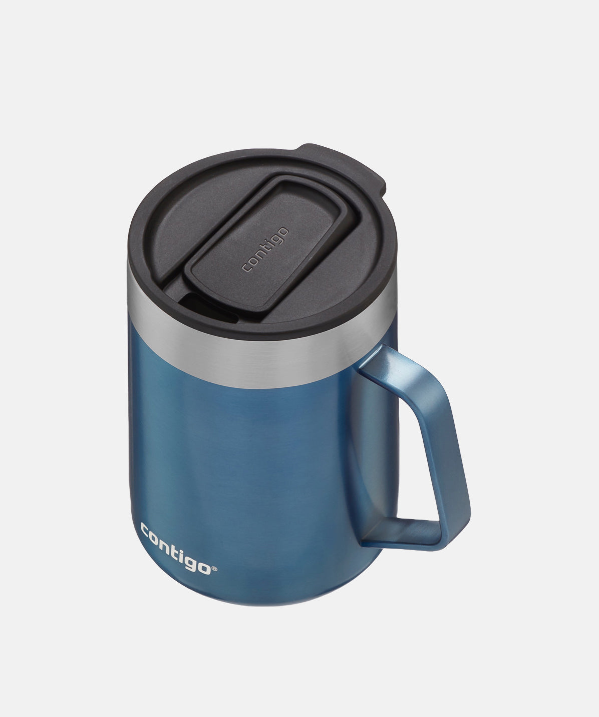 Vista superior de la taza Streeterville azul, mostrando el interior de acero inoxidable.