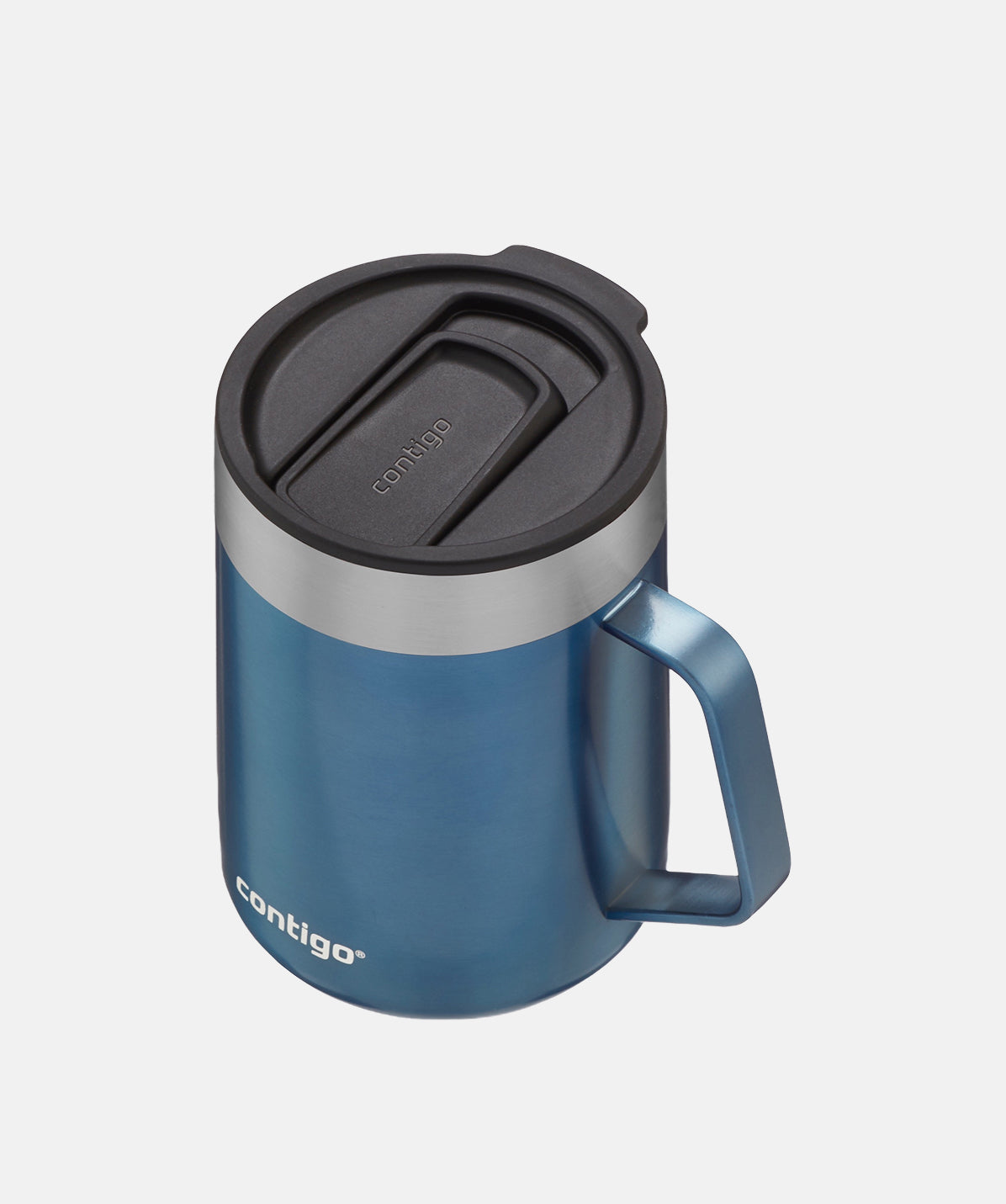 Taza Contigo Streeterville 420ml azul, vista superior con la tapa deslizable cerrada.