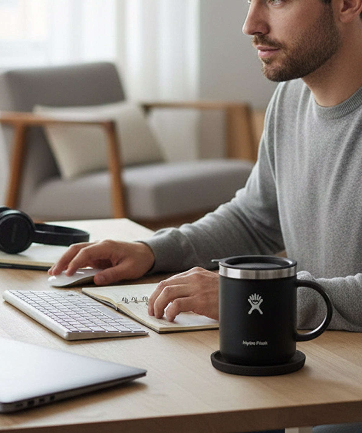 Hombre en escritorio con Taza Hydro Flask Mug negra 12oz de acero inoxidable. Ideal para café en la oficina o teletrabajo.