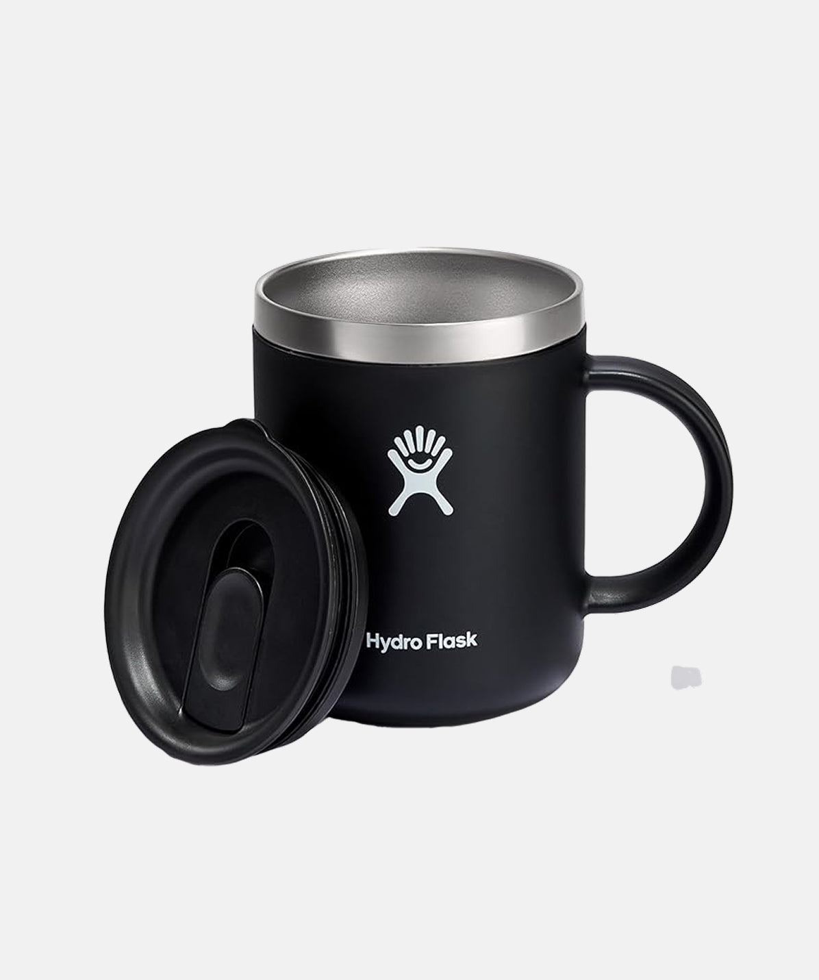 Detalle de la tapa a presión suelta para Taza Hydro Flask Mug negra 12oz. Diseño aislante para bebidas.