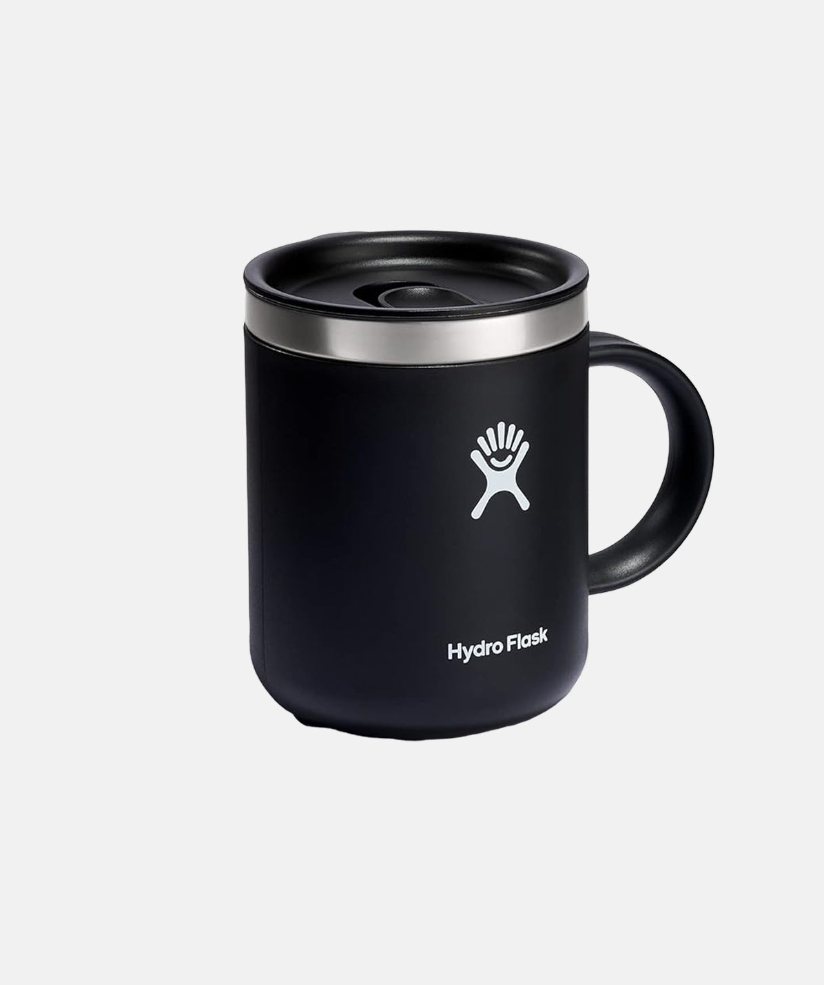 Vista superior de la Taza Hydro Flask Mug negra 12oz (355ml), asa lateral, perfecta para café o té.