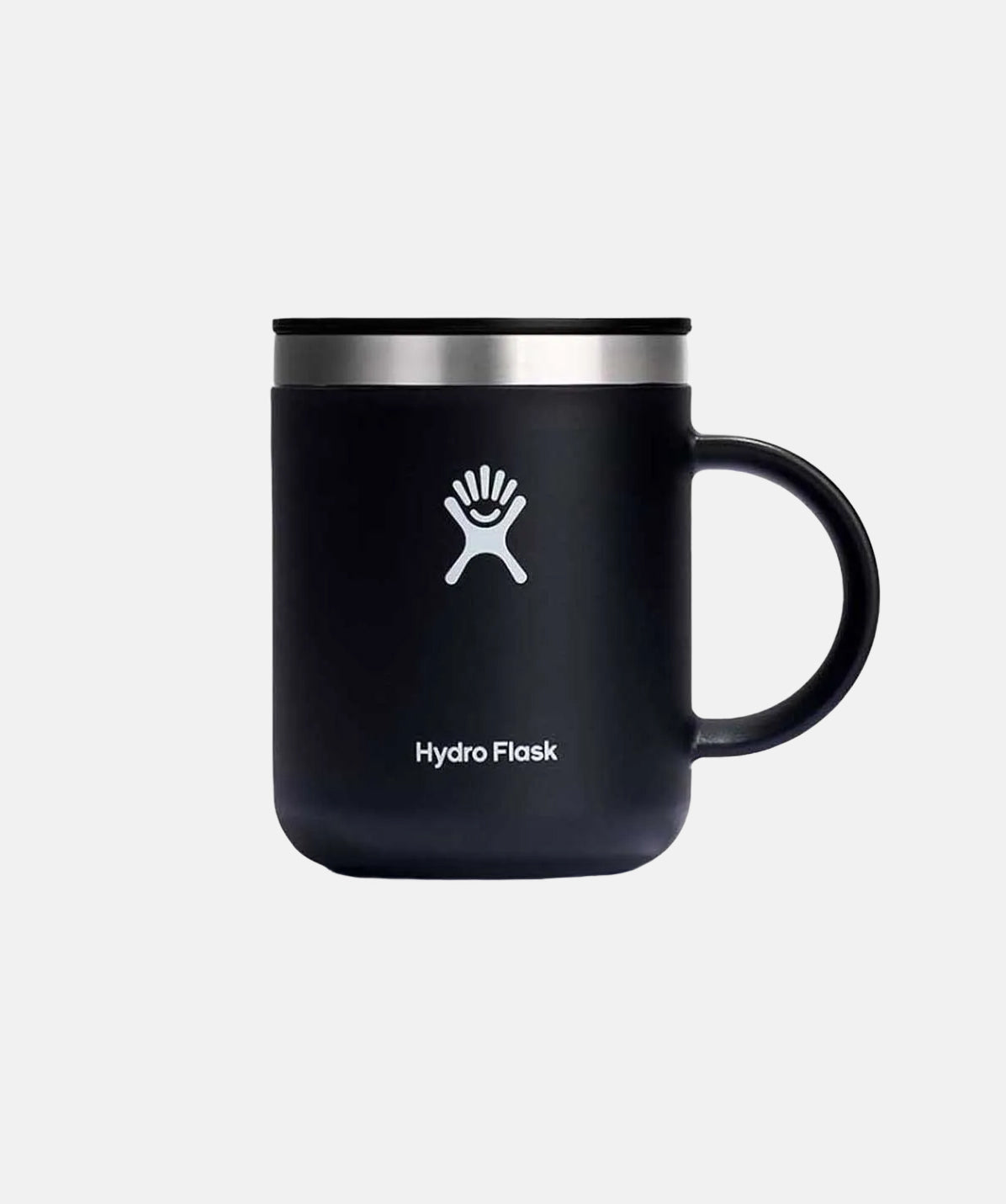Taza Hydro Flask Mug negra 12oz (355 ml) de acero inoxidable con asa ergonómica.