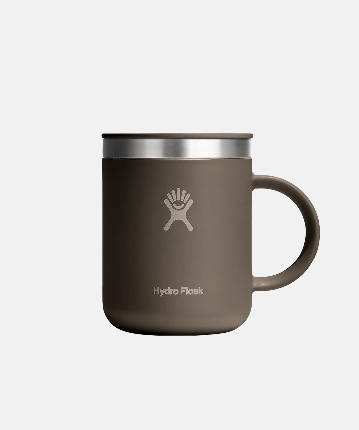 Taza térmica Hydro Flask Mug 12oz Sandpiper de acero inoxidable con asa, mostrada en mano para ver el agarre y la textura.