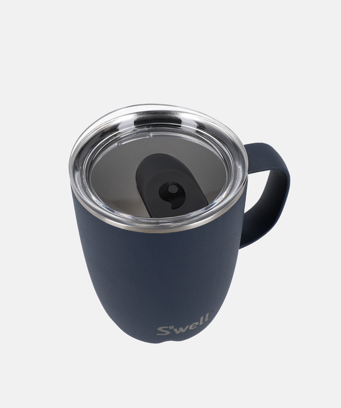 Vista superior de la taza S'well Mug Stone Azurite azul mostrando su boca ancha y asa ergonómica.