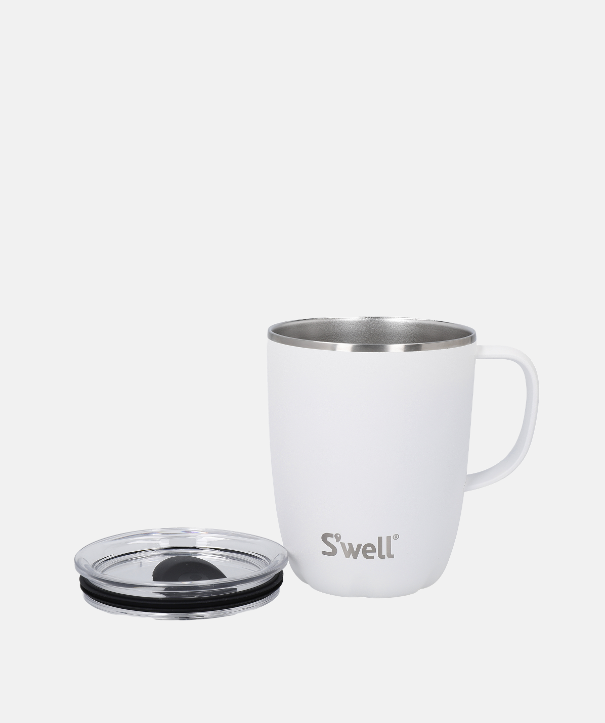 Taza térmica S'well Mug Stone Moonstone de 355ml color blanco abierta con su tapa.